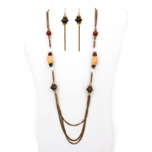 Wood Beads Necklace & Earrings Set - NE-263
